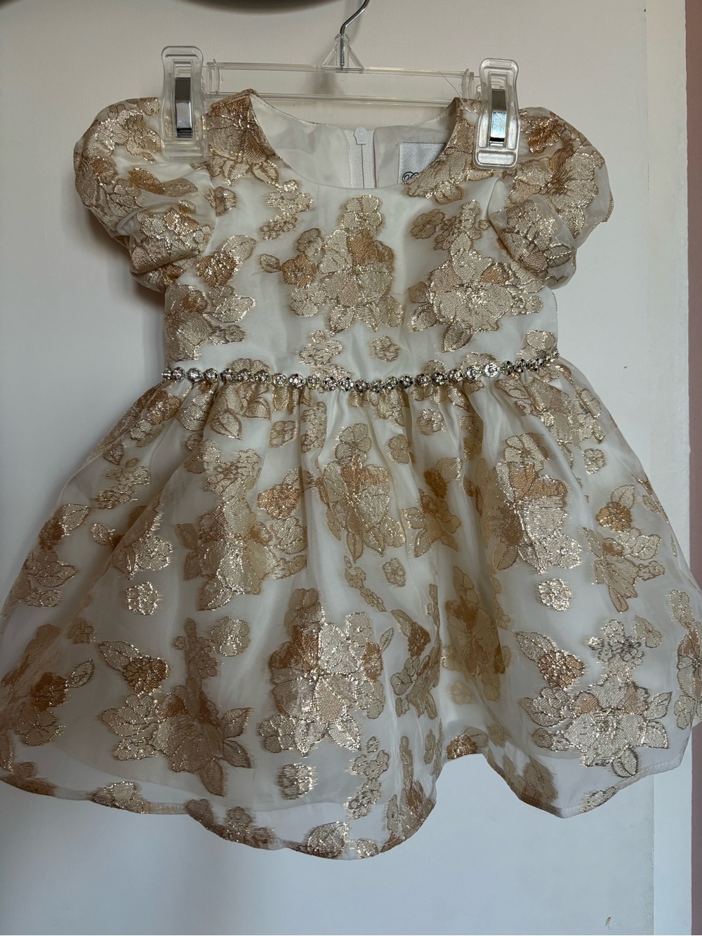 Rare editions sz 3-6 month Girls Ivory Dress Gold Floral Embroidery formal party